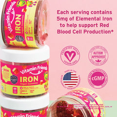 Ingredients list for Vitamin Friends vegan kids gummies including Vitamin C, B vitamins, zinc, biotin