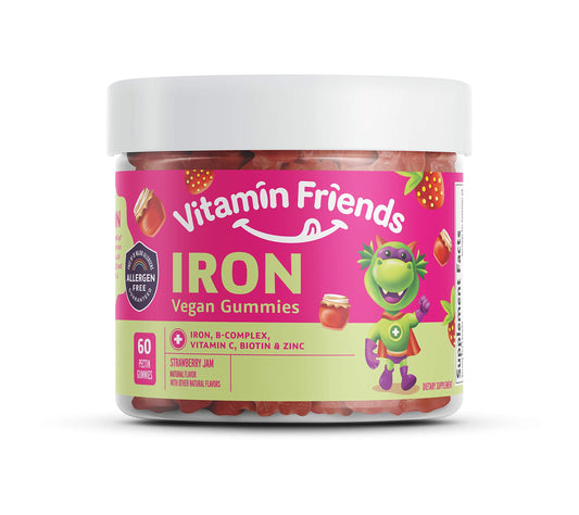 Product image: Vitamin Friends strawberry jam flavored vegan kids multivitamin and iron gummies bottle showing 60-day supply
