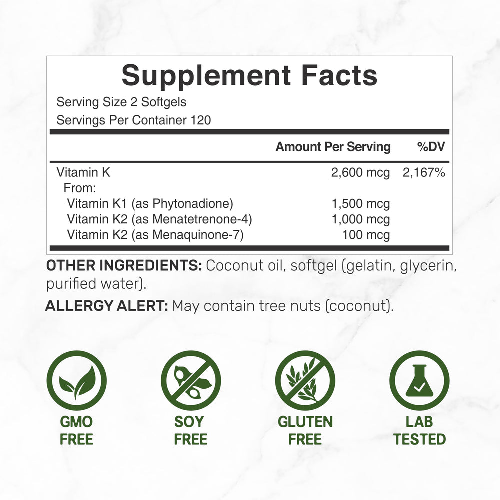 Label detailing Vitamin K1, MK-7, and MK-4 per serving
