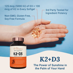 Close-up of Vitamin K2 MK7 and D3 5000 IU softgels