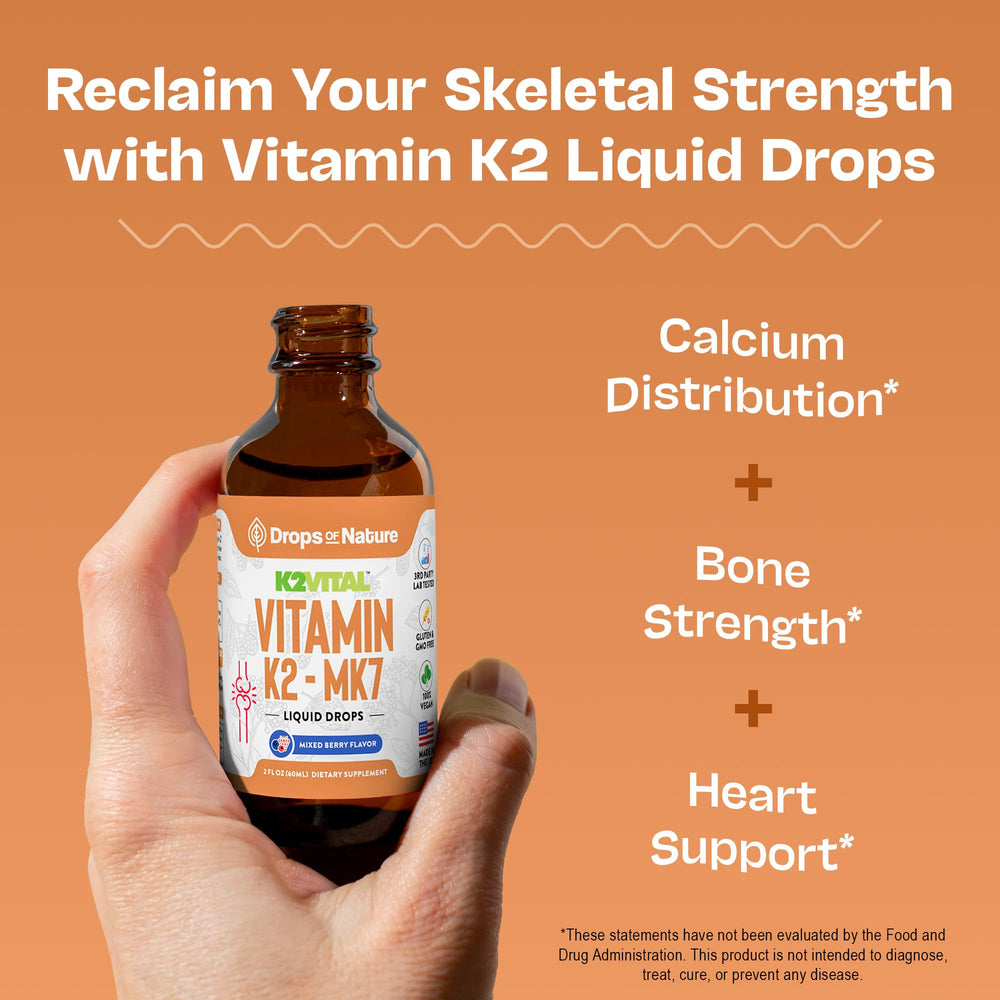 Dropper with berry-flavored K2 MK-7 liquid bottle