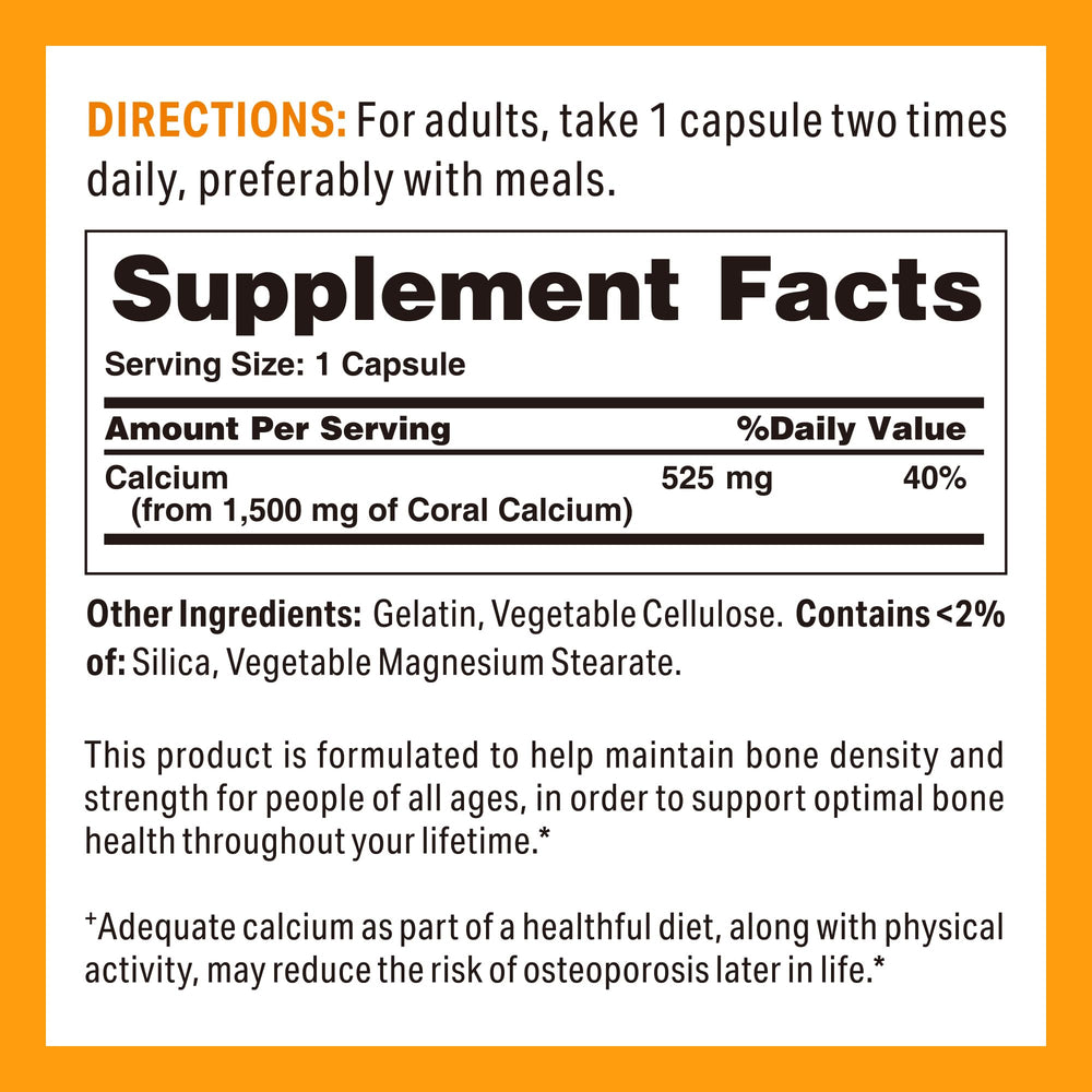 Close-up of coral calcium capsules showing rapid-release, gluten-free formula