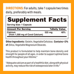 Close-up of coral calcium capsules showing rapid-release, gluten-free formula