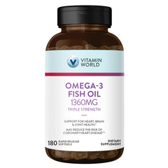 Vitamin World Omega-3 Fish Oil bottle front label with 180 softgels