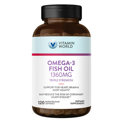 Bottle of Vitamin World Triple Strength Omega-3 Fish Oil with 120 softgels