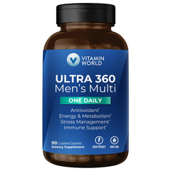 Front view of Vitamin World Ultra 360 Men’s One Daily caplets bottle
