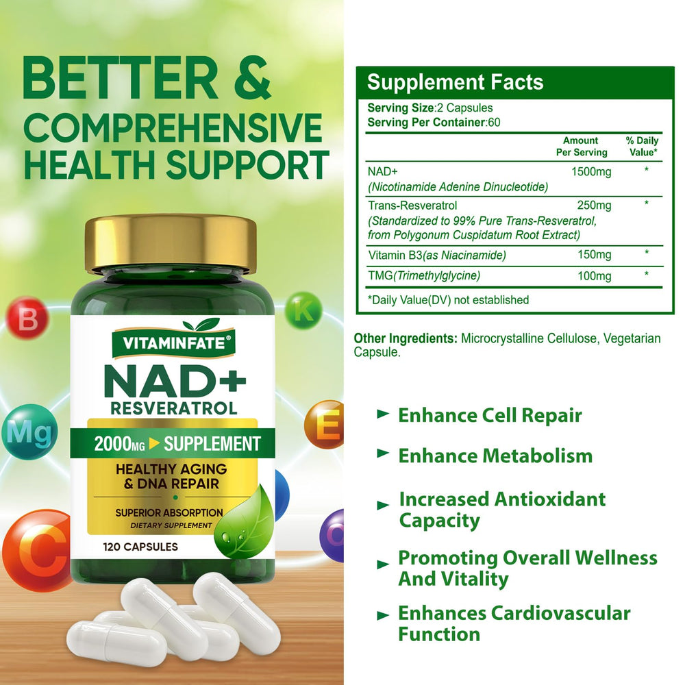 NAD+ supplement capsules spilling from bottle