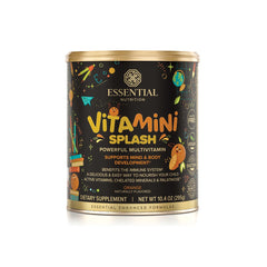 Front view of Vitamini Splash kids multivitamin powder orange flavor canister