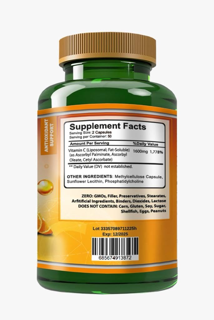 GMO-free label on VITAMISAN Liposomal Vitamin C bottle