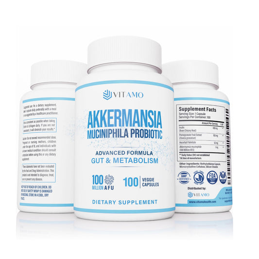 Vitamo Akkermansia Muciniphila probiotic bottle label with 100 Million AFU and 100 capsules (USA-made)