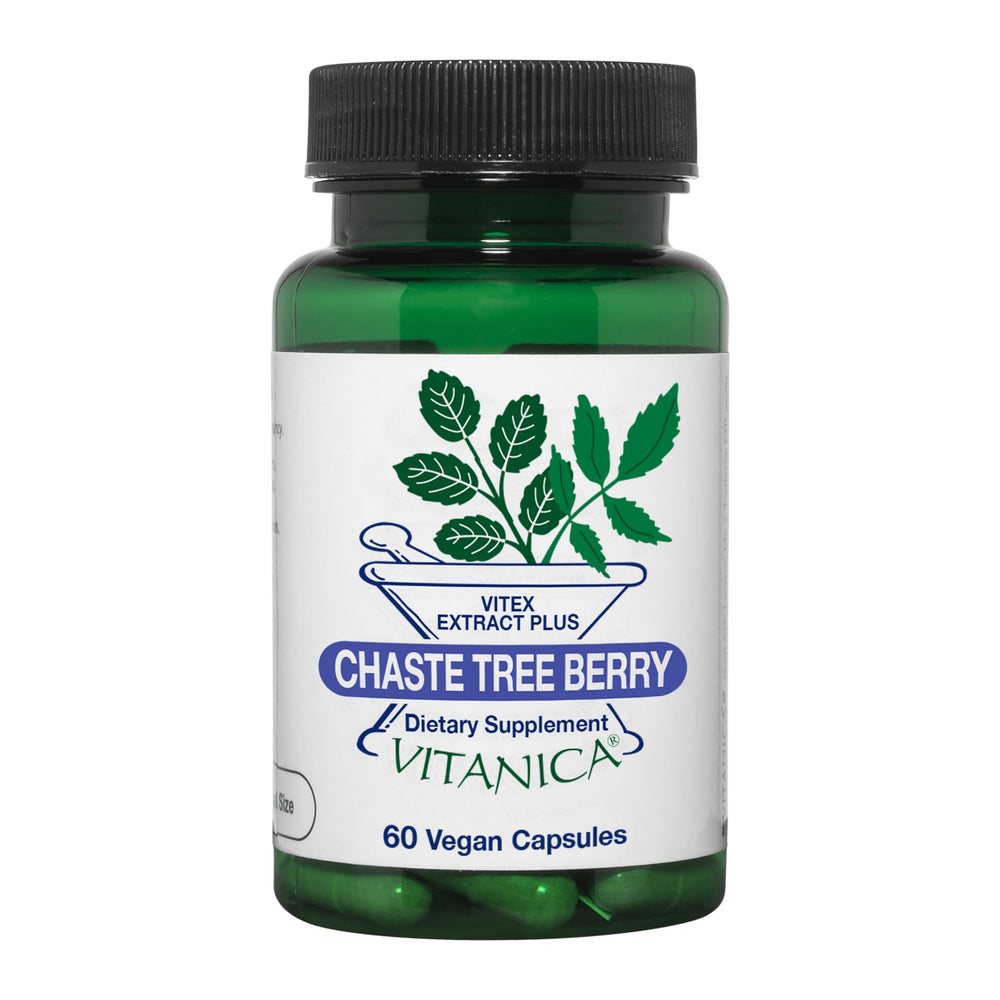 Vitanica Chaste Tree Berry Vitex Extract Plus bottle on white background