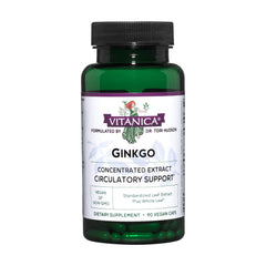 Vitanica Ginkgo bottle and 90 capsules on white background