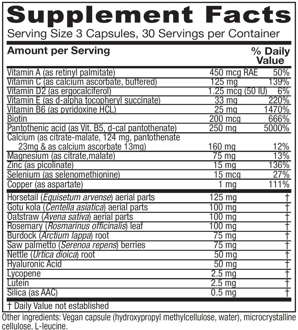 Label on Vitanica Skin Assist bottle showing vegan formula