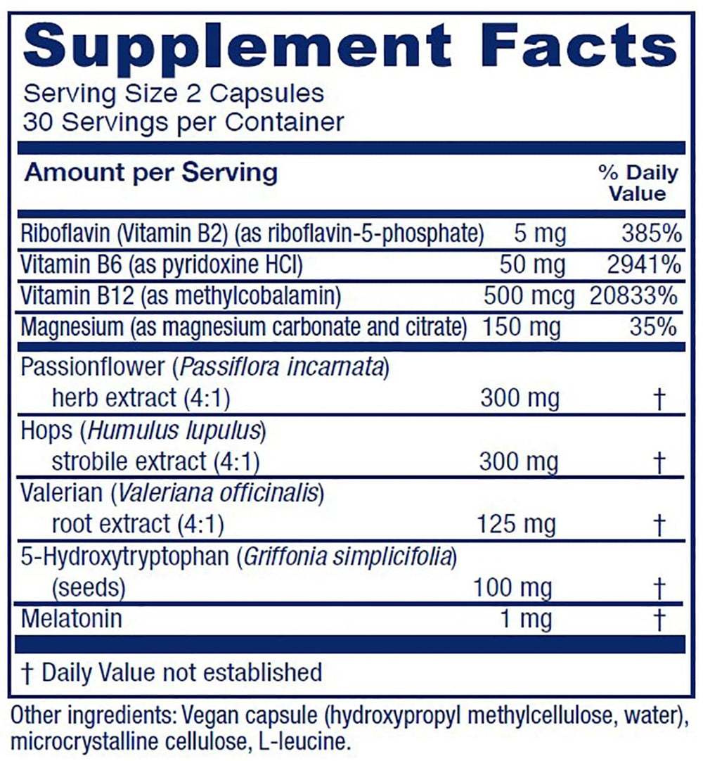 Sleepblend ingredients: melatonin, valerian root, passionflower, and hops