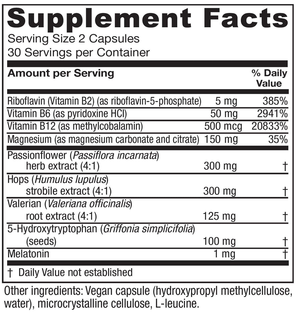 Close-up of Sleepblend ingredients label showing melatonin, valerian, passionflower and hops