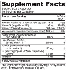 Close-up of Sleepblend ingredients label showing melatonin, valerian, passionflower and hops