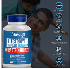 Vitassium capsules being poured from a flip-top bottle suggests mess-free daily use.