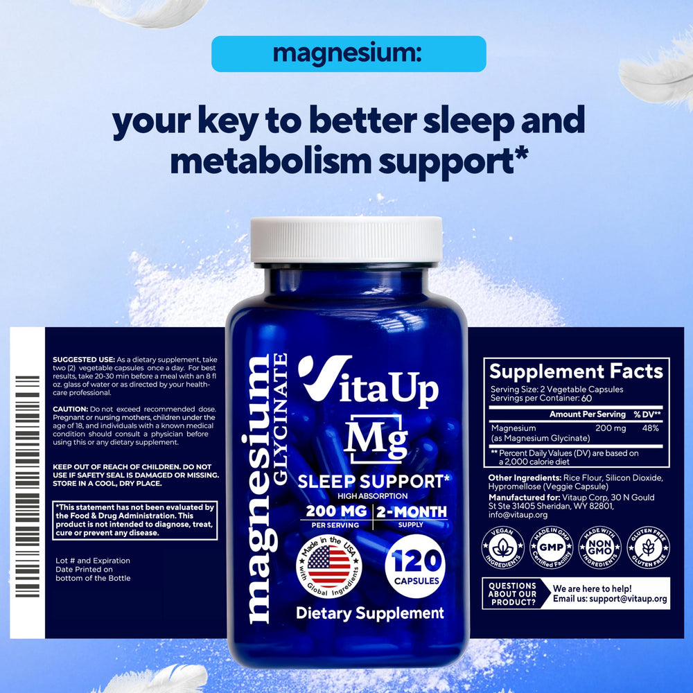 Lifestyle image showing a calm sleep scene with VitaUp bottle