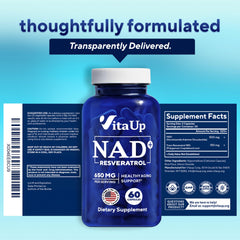 Close-up of NAD+ and trans-resveratrol capsules