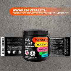Graphic showing key ingredients: Tongkat Ali, Astragalus, Ginseng, Black Maca, L-Arginine, Zinc