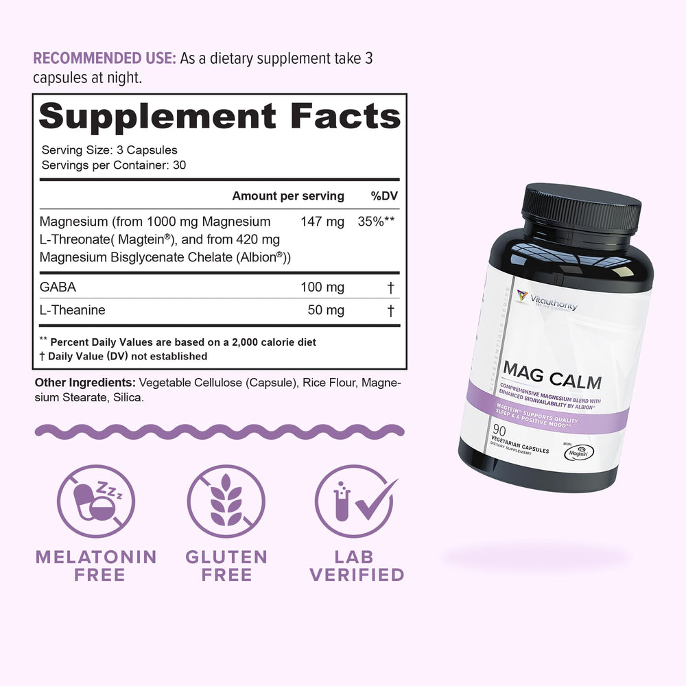 Ingredient panel highlighting Magnesium, GABA, and L-Theanine