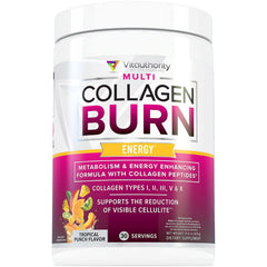Vitauthority Multi Collagen Burn tropical punch bottle for daily energy and skin support.
