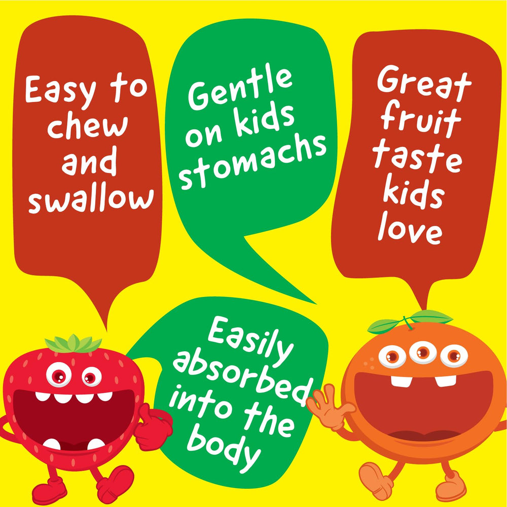 Two mixed berry flavored VitaWorks kids chewables being held
