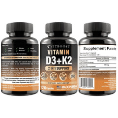 Label showing 5000 IU D3 and 90 mcg K2 (MK-7) on Vitboost bottle