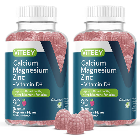 Bottle of Viteey Calcium Magnesium Zinc Gummies Raspberry flavor