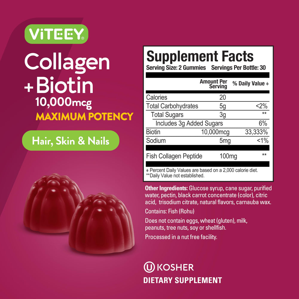 Nutrition facts panel on Viteey collagen gummies bottle
