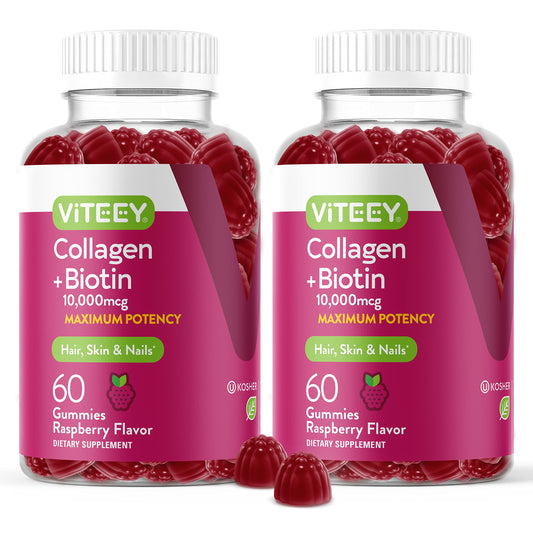 Front view of Viteey Collagen Gummies with Biotin bottle in raspberry flavor