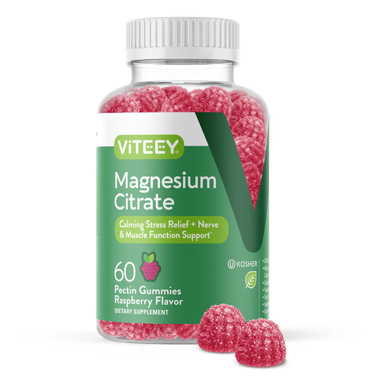 Front packshot of VITEEY Magnesium Gummies Raspberry 60-count bottle