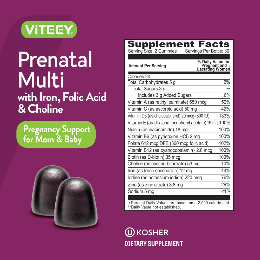Non-GMO and gelatin-free badges on Viteey prenatal gummies packaging