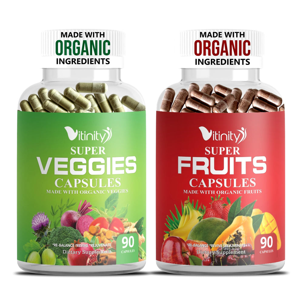 Vitinity organic fruits and veggies capsules bottle on white