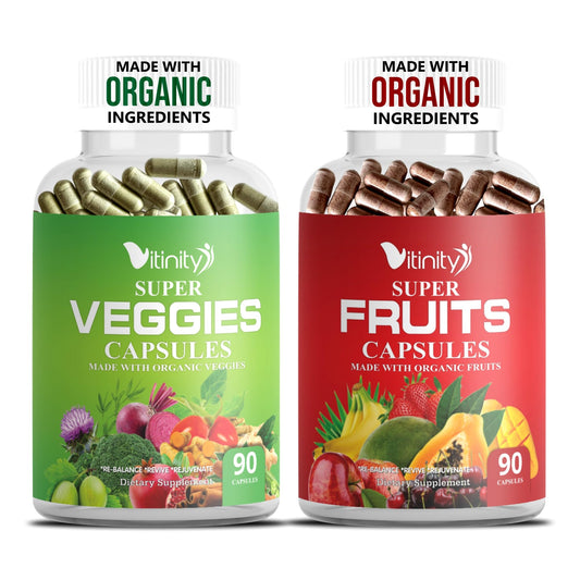 Vitinity organic fruits and veggies capsules bottle on white