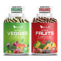 Vitinity organic fruits and veggies capsules bottle on white