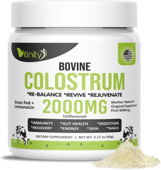 VITINITY Grass-Fed Bovine Colostrum Powder packaging featuring 90g jar
