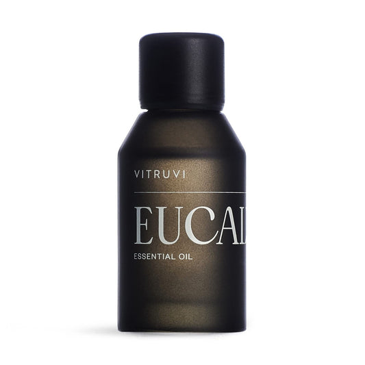 Front view of Vitruvi Eucalyptus essential oil in a matte black bottle