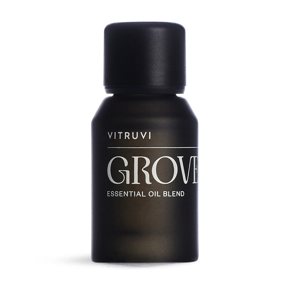 Vitruvi Grove grounding essential oil blend bottle front view (0.5 fl oz)