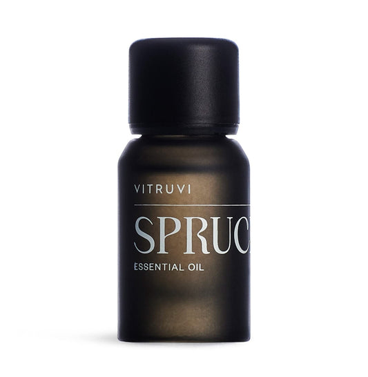Vitruvi Spruce essential oil bottle front view, 10 ml