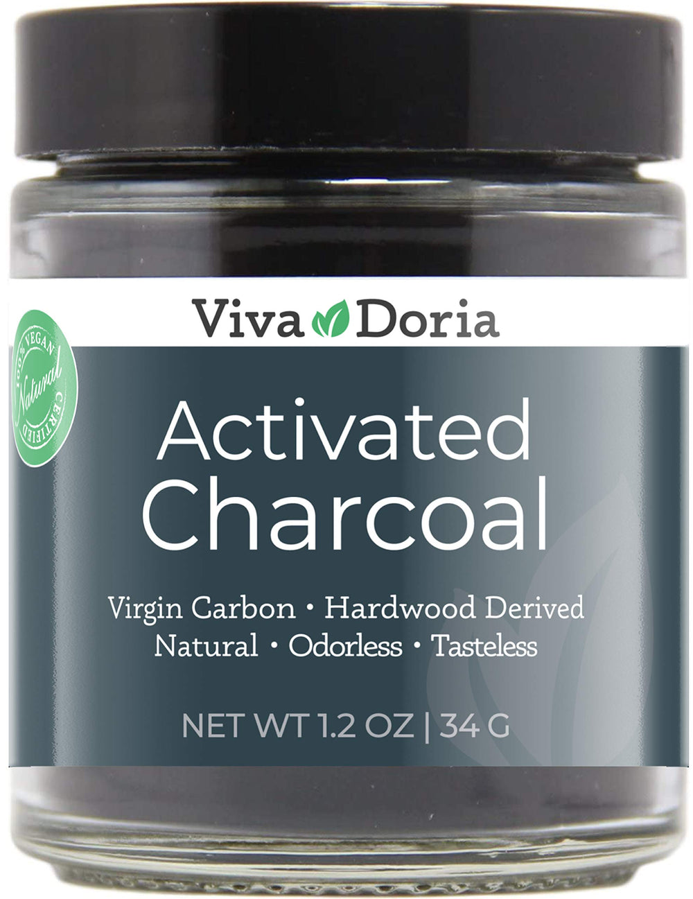 Front view of Viva Doria Activated Charcoal Powder in a 1.2 oz glass jar