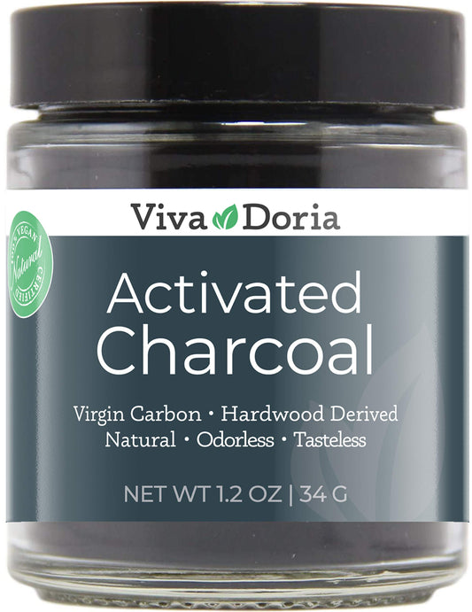 Front view of Viva Doria Activated Charcoal Powder in a 1.2 oz glass jar