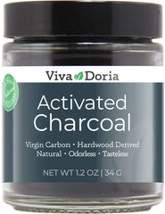 Front view of Viva Doria Activated Charcoal Powder in a 1.2 oz glass jar