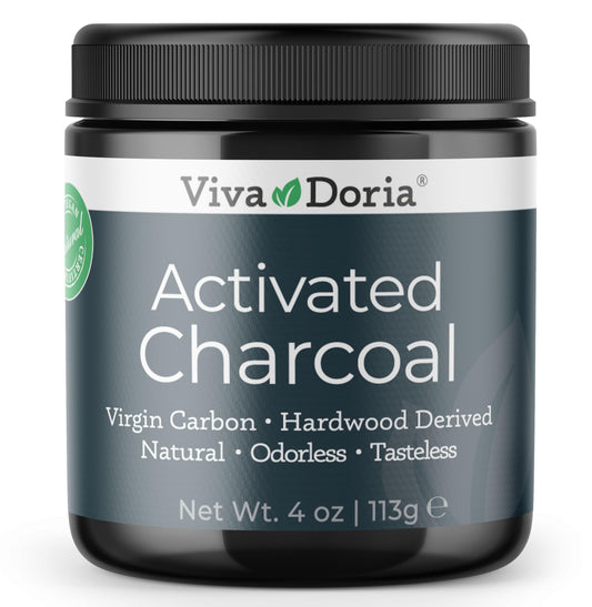 Viva Doria Activated Charcoal Powder - 4 oz front view, hardwood derived