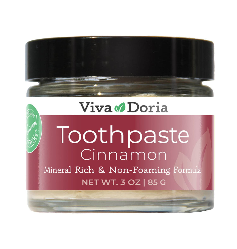 Viva Doria Fluoride Free Natural Mineralizing Toothpaste in Cinnamon, 3 oz glass jar