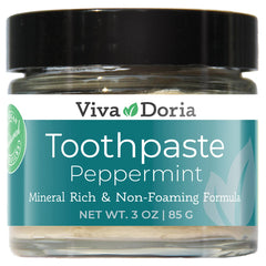 Viva Doria Fluoride Free Natural Peppermint Toothpaste in a 3 oz glass jar