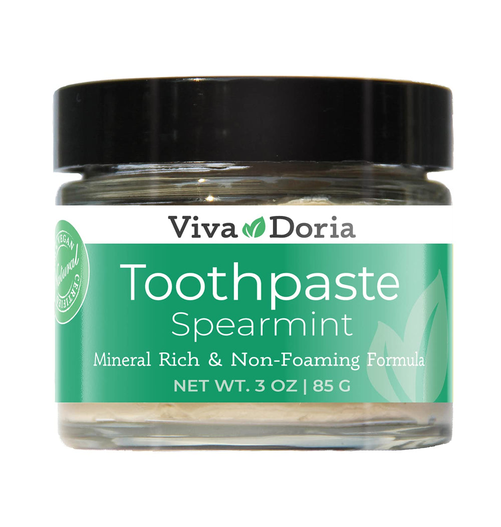 Viva Doria Fluoride Free Natural Mineralizing Toothpaste Spearmint in a 3 oz glass jar