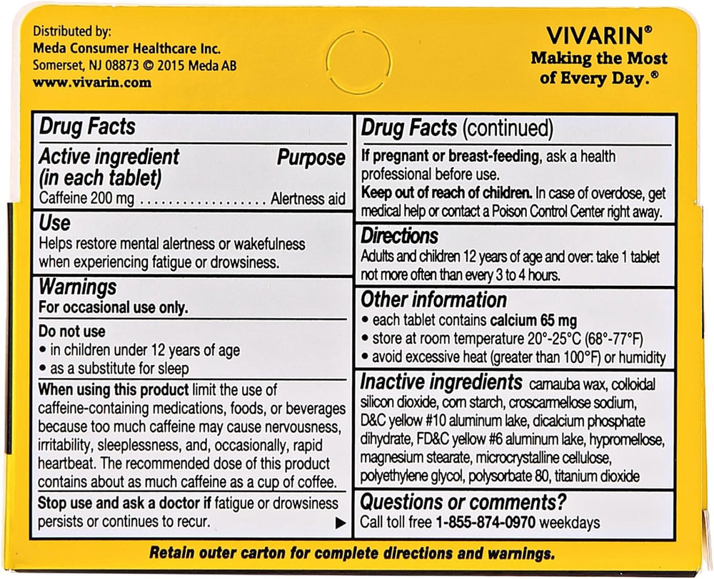 Graphic showing dosage of 200 mg caffeine per caplet
