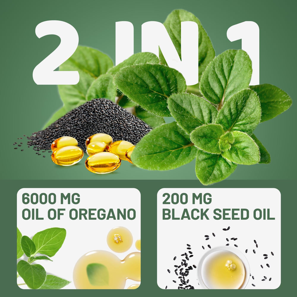 Illustration showing oregano oil and black seed oil ingredients