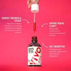 Dropper dispensing orange vitamin B12 liquid drops